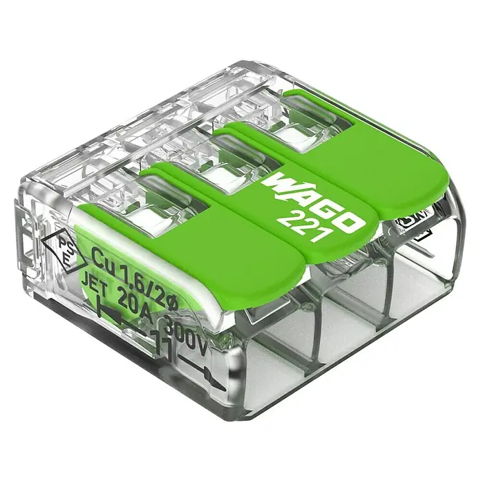 Wago Hebelklemme Green Range 221-423 - Anzahl Leiter: 3 Stk., 4 mm², 50 Stk. - Wago 221-Verbinder: Eine hochwertige, transparente Verbindungsklemme mit grünen Hebeln für sichere und zuverlässige elektrische Verbindungen.
