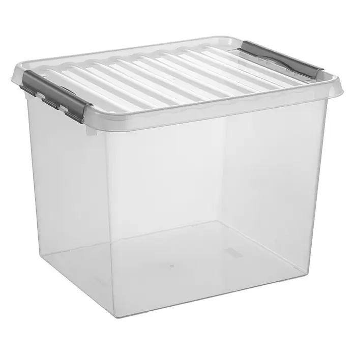 Sunware Aufbewahrungsbox Q-Line - L x B x H: 50 x 40 x 38 cm, Kunststoff, Transparent, Farbe Griff: Schwarz - Klarsichtbox mit Deckel und grauem Verschluss, ideal zur Aufbewahrung und Organisation von Gegenständen im Haushalt.