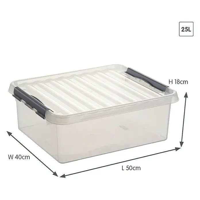 Sunware Aufbewahrungsbox Q-Line - L x B x H: 50 x 40 x 18 cm, Kunststoff, Transparent, Farbe Griff: Schwarz - Klarsichtige 25L Aufbewahrungsbox mit Deckel und grauen Verschlüssen, ideal für die Lagerung verschiedener Gegenstände.