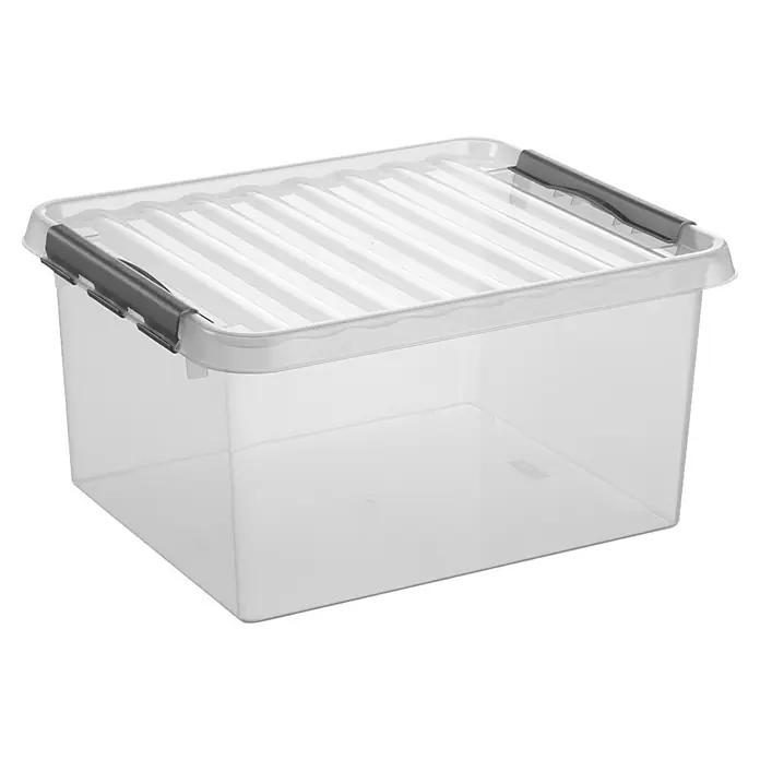 Sunware Aufbewahrungsbox Q-Line - L x B x H: 50 x 40 x 26 cm, Kunststoff, Transparent, Farbe Griff: Schwarz - Klarsichtbox mit Deckel und grauen Verschlüssen.