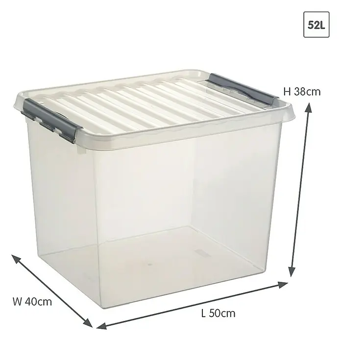 Sunware Aufbewahrungsbox Q-Line - L x B x H: 50 x 40 x 38 cm, Kunststoff, Transparent, Farbe Griff: Schwarz - Ein durchsichtiger 52L Aufbewahrungsbehälter mit Deckel und den Maßen 50x40x38 cm zur Aufbewahrung.
