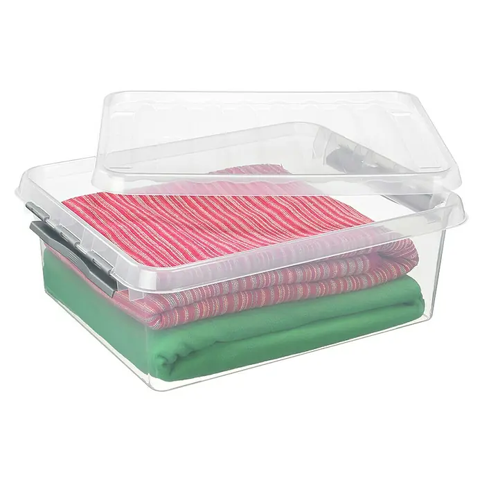Sunware Aufbewahrungsbox Q-Line - L x B x H: 50 x 40 x 18 cm, Kunststoff, Transparent, Farbe Griff: Schwarz - Durchsichtige Aufbewahrungsbox mit einem Deckel, gefüllt mit gefalteten Textilien in verschiedenen Farben. Ideal für die Organisation von Kleidung.