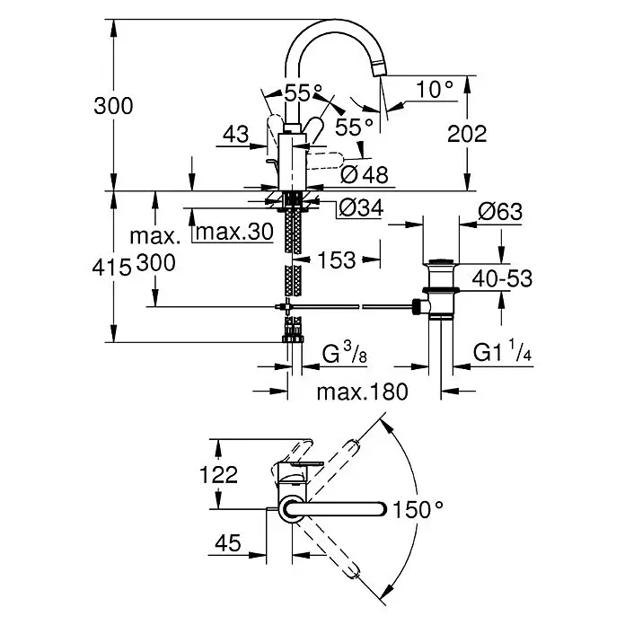 Grohe Eurostyle Cosmopolitan Waschtischarmatur L-Size - Chrom, Glänzend - Technische Zeichnung einer Einhebel-Küchen-/Badarmatur mit Maßen und Installationsdetails.