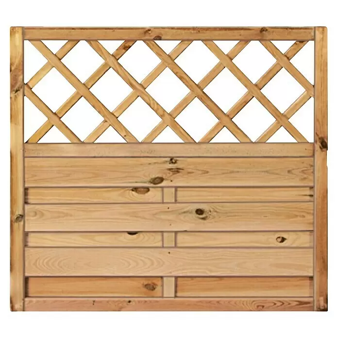 T & J Sichtschutzelement Maxi Massiv - 100 x 90 cm, Holz, Mit Ornament-Gitter, KDI Grün - Hellholz Gartenzaunpaneel mit diagonalem Rankgitter oben.