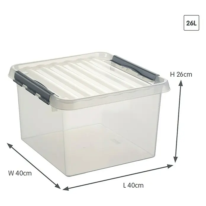 Sunware Aufbewahrungsbox Q-Line - L x B x H: 40 x 40 x 26 cm, Kunststoff, Transparent, Farbe Griff: Schwarz - Ein transparenter 26L Aufbewahrungsbehälter mit Deckel und grauem Verschluss, Abmessungen 40x40x26 cm.