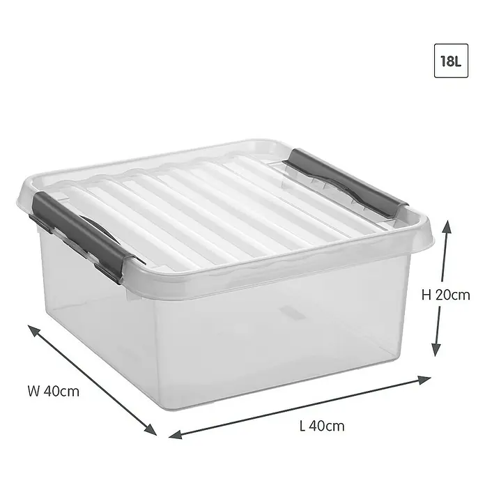 Sunware Aufbewahrungsbox Q-Line - L x B x H: 40 x 40 x 20 cm, Kunststoff, Transparent, Farbe Griff: Schwarz - Abbildung eines transparenten 18L Aufbewahrungsbehälters mit den Maßen 40x40x20cm, ideal für die Organisation.