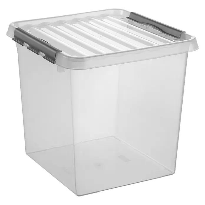 Sunware Aufbewahrungsbox Q-Line - L x B x H: 40 x 40 x 40 cm, Kunststoff, Transparent, Farbe Griff: Schwarz - Transparente Aufbewahrungsbox aus Kunststoff mit grauem Deckel. Ideal für die Lagerung von Gegenständen im Haushalt oder Büro.