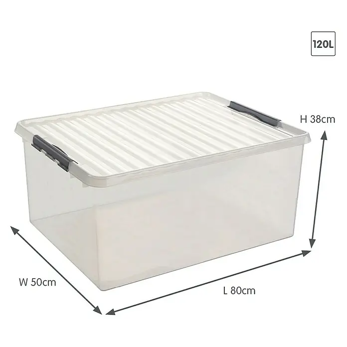 Sunware Aufbewahrungsbox Q-Line - L x B x H: 73 x 42 x 38 cm, Kunststoff, Transparent, Farbe Griff: Schwarz - Klare Aufbewahrungsbox mit Deckel, 120L Fassungsvermögen, Maße: 80cm Länge, 50cm Breite, 38cm Höhe. Ideal für die Lagerung.