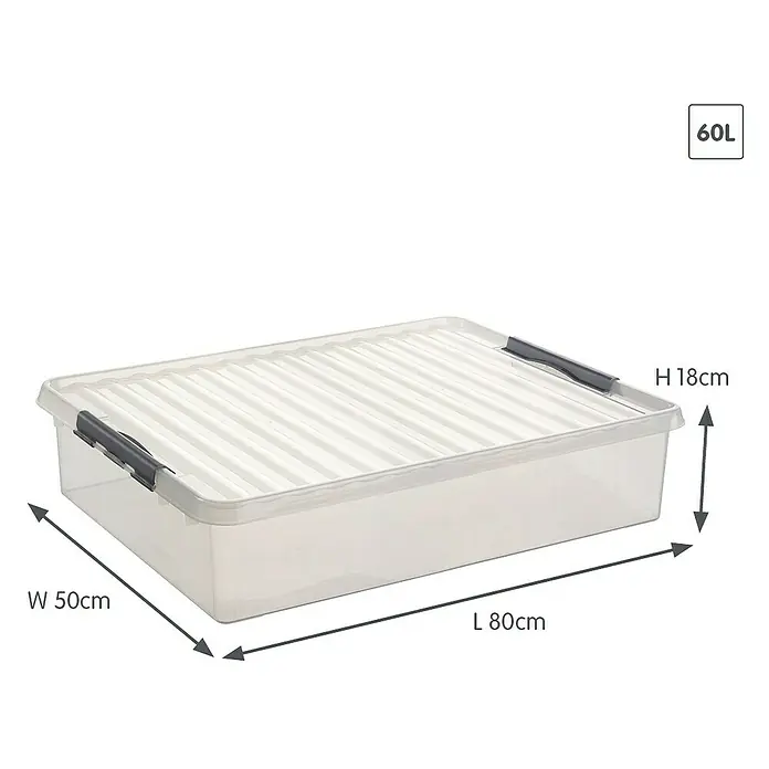 Sunware Aufbewahrungsbox Q-Line - L x B x H: 80 x 50 x 18 cm, Kunststoff, Transparent, Farbe Griff: Schwarz - Klare Aufbewahrungsbox mit den Maßen 80 cm Länge, 50 cm Breite und 18 cm Höhe, ideal zur platzsparenden Aufbewahrung verschiedener Gegenstände.