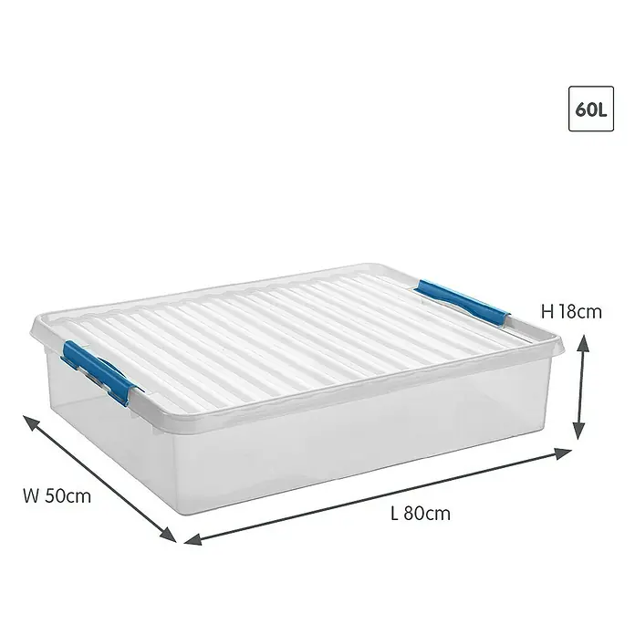 Sunware Aufbewahrungsbox Q-Line - L x B x H: 80 x 50 x 18 cm, Kunststoff, Transparent, Farbe Griff: Blau - Darstellung einer 60-Liter-Kunststoffbox mit den Maßen Länge 80 cm, Breite 50 cm und Höhe 18 cm, ideal zur Aufbewahrung.