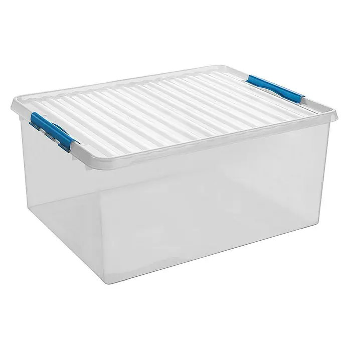 Sunware Aufbewahrungsbox Q-Line - L x B x H: 80 x 50 x 38 cm, Kunststoff, Transparent, Farbe Griff: Blau - Klarer Kunststoff-Aufbewahrungsbehälter mit geripptem Deckel und blauen Verschlüssen für eine sichere Aufbewahrung und Organisation.
