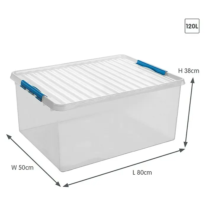 Sunware Aufbewahrungsbox Q-Line - L x B x H: 80 x 50 x 38 cm, Kunststoff, Transparent, Farbe Griff: Blau - Abbildung eines 120L Aufbewahrungsbehälters aus Kunststoff mit Deckel und den Maßen: Länge 80cm, Breite 50cm und Höhe 38cm.