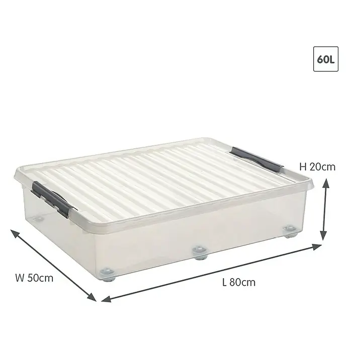 Sunware Aufbewahrungsbox Q-Line mit Rollen - L x B x H: 80 x 50 x 20 cm, Kunststoff, Transparent - Bild eines transparenten 60L Unterbett-Aufbewahrungsbehälters mit Deckel und Rädern.