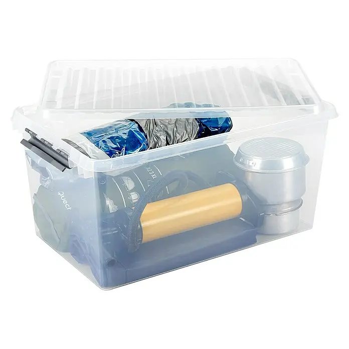 Sunware Aufbewahrungsbox Q-Line - L x B x H: 73 x 42 x 38 cm, Kunststoff, Transparent, Farbe Griff: Schwarz - Transparente Aufbewahrungsbox mit Campingausrüstung, darunter Pumpe und Schlafsack, ideal für Organisation und Lagerung.