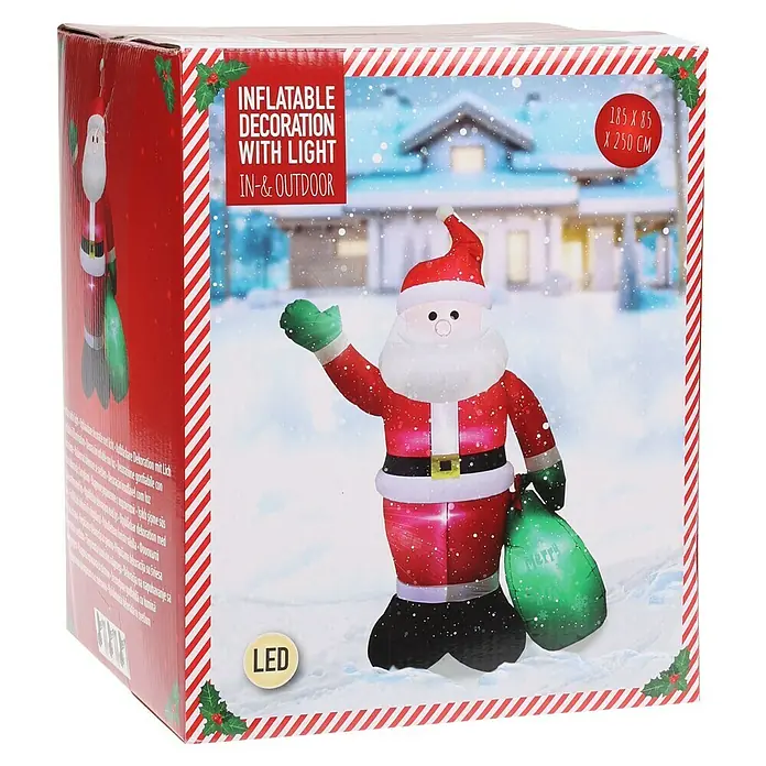 Figura LED navideña Papá Noel hinchable con bolsa - 85 x 185 x 250 cm, Rojo, blanco, multicolor, LED - Caja de decoración inflable de Navidad con luz para uso interior y exterior. Diseño de Papá Noel con LED.