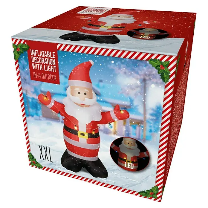 Figura LED navideña Papá Noel hinchable con luces - 70 x 120 x 190 cm, Rojo, blanco, multicolor, LED - Embalaje de una decoración navideña hinchable con luz, para interiores y exteriores, en tamaño XXL.