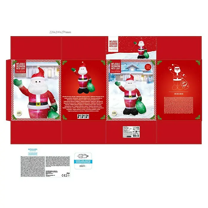 Figura LED navideña Papá Noel hinchable con bolsa - 85 x 185 x 250 cm, Rojo, blanco, multicolor, LED - Embalaje para decoración navideña inflable con luz para uso interior y exterior con iluminación LED.