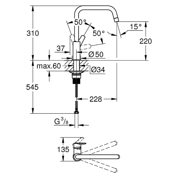Grohe Start Spültischarmatur - Chrom, Glänzend, U-Auslauf - Technische Zeichnung einer Armatur mit Maßen.