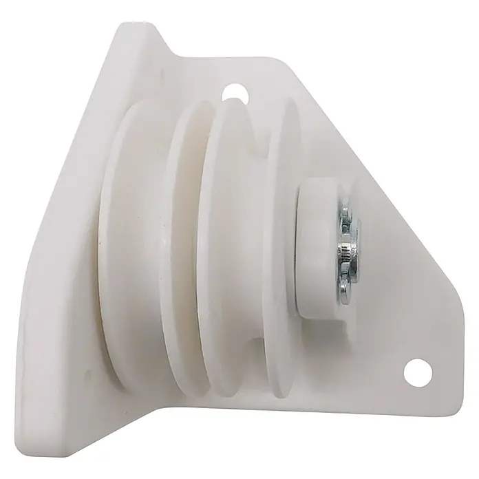 Micel Polea TLD20 - L x An x Al: 73 x 73 x 80 mm, Blanco, Específico para: Dos cuerdas de 8 mm - Primer plano de una polea triple blanca, diseñada para una guía suave de la cuerda y distribución de la carga. Ideal para diversas aplicaciones de elevación.
