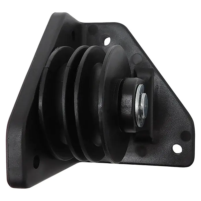 Micel Polea TLD20 - L x An x Al: 73 x 73 x 80 mm, Negro, Específico para: Dos cuerdas de 8 mm - Un primer plano de un componente negro de electrodoméstico con una sección estriada y un tornillo metálico que garantiza una instalación segura.