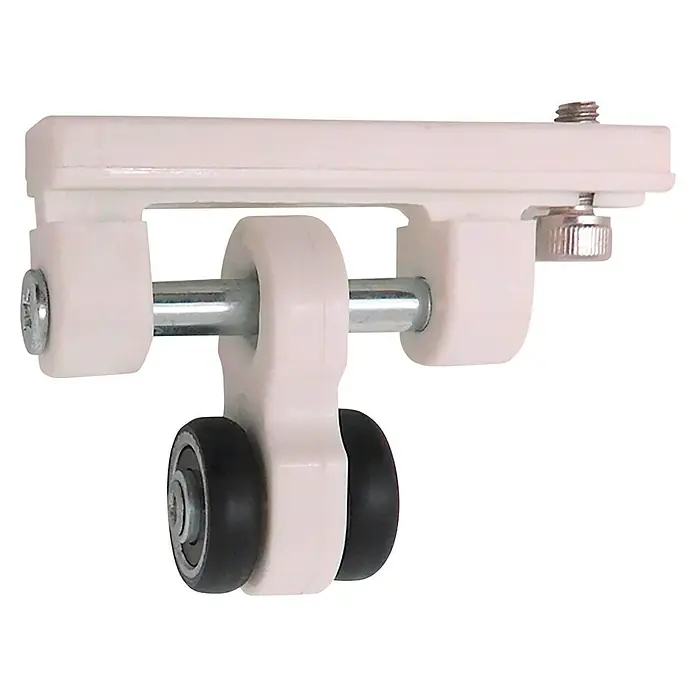 Micel Polea TLD21 - L x An x Al: 65 x 18,5 x 48 mm, Blanco - Primer plano de un sistema de rodillos para puertas correderas blanco con eje metálico y ruedas negras.