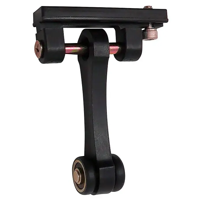 Micel Polea TLD21 - L x An x Al: 65 x 18,5 x 90 mm, Negro - Imagen del producto de un soporte negro en forma de T con tornillos y una rueda en la parte inferior, ideal para varios montajes.