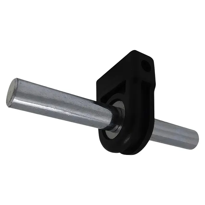Micel Soporte para toldo TLD04 - 2 ud., Negro, Específico para: Eje doble del toldo - Primer plano de un cojinete negro con un eje plateado, un componente para varias aplicaciones.