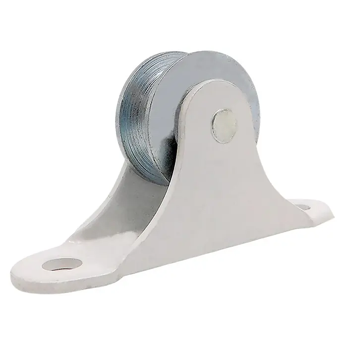 Micel Polea TLD14 - Blanco, Específico para: Toldos correderos o capotas - Primer plano de un soporte de rodillo blanco con un rodillo plateado, ideal para diversas aplicaciones.