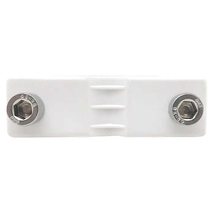 Micel Dispositivo de sujeción TLD22 - Específico para: Cuerdas de pérgola, Largo: 65 mm, Blanco - Primer plano de un soporte blanco con dos tornillos plateados y una elevación de tres niveles en el centro, mostrando un diseño minimalista.