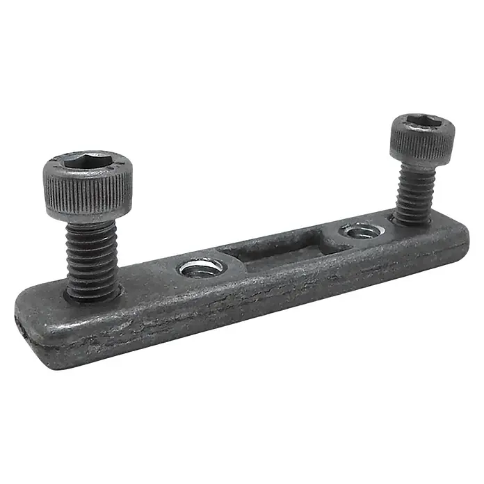 Micel Regleta TLD25 - L x An x Al: 65 x 14,5 x 6 mm, 2 ud., Específico para: Perfil de carga inferior del toldo - Un primer plano de un soporte negro con dos tornillos de cabeza hexagonal, lo que garantiza una fijación y estabilidad seguras.