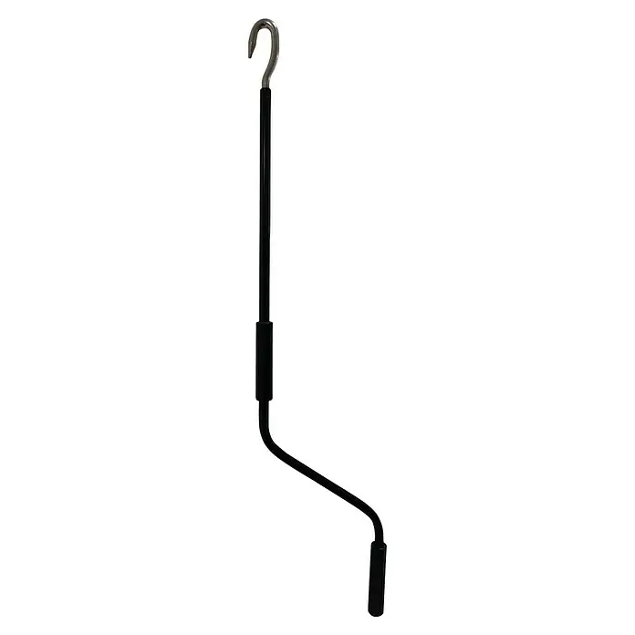 Micel Manivela - Largo: 1.200 mm, Negro - Este artículo muestra un perno, hecho de metal negro curvado, que presenta un gancho en un extremo y un mango en el otro extremo.