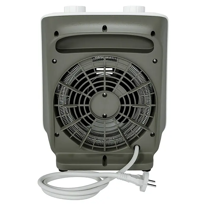 Voltomat HEATING Heizlüfter - 1.000 W - 2.000 W, Weiß/Grau, 19,5 x 14,9 x 23 cm - Rückansicht einer elektrischen Heizung mit Schutzgitter, Bedienelementen und Netzkabel, die ein sicheres und komfortables Heizen ermöglicht.