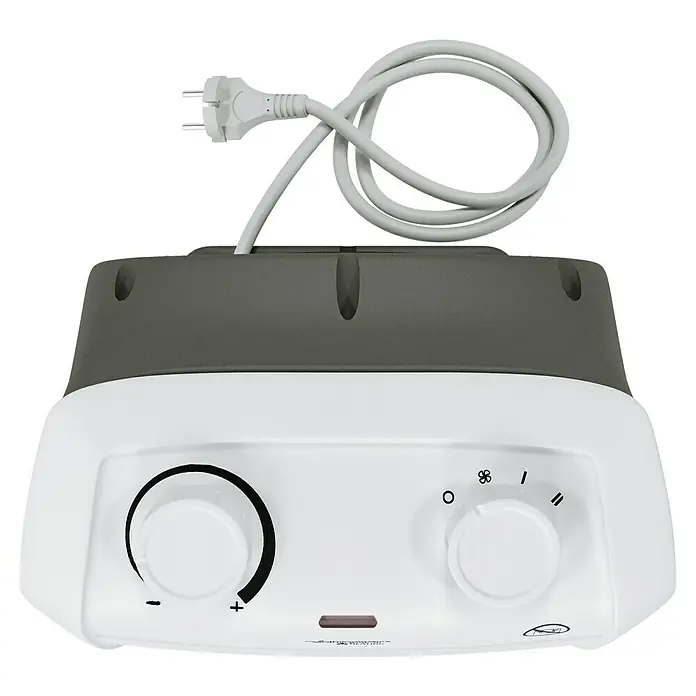 Voltomat HEATING Heizlüfter - 1.000 W - 2.000 W, Weiß/Grau, 19,5 x 14,9 x 23 cm - Abbildung eines elektrischen Heizgeräts mit Reglern und einem Kabel. Es ist für den Hausgebrauch konzipiert.