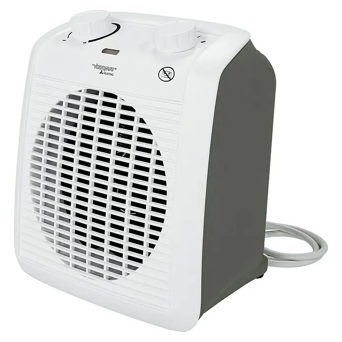 Voltomat HEATING Heizlüfter - 1.000 W - 2.000 W, Weiß/Grau, 19,5 x 14,9 x 23 cm - Das Bild zeigt einen tragbaren Voltomaten-Heizlüfter mit zwei Drehknöpfen oben und einem runden Gitter auf der Vorderseite.