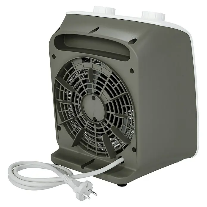 Voltomat HEATING Heizlüfter - 1.000 W - 2.000 W, Weiß/Grau, 19,5 x 14,9 x 23 cm - Produktansicht eines grauen Heizlüfters mit weißem Kabel und Stecker. Kompakter Heizlüfter für den schnellen Wärmebedarf.