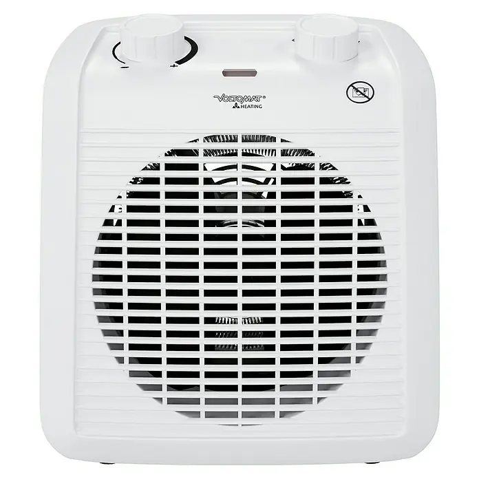 Voltomat HEATING Heizlüfter - 1.000 W - 2.000 W, Weiß/Grau, 19,5 x 14,9 x 23 cm - Nahaufnahme einer weißen Voltomaten-Heizung mit runder Gitterabdeckung und zwei Drehknöpfen zur Steuerung der Wärme.