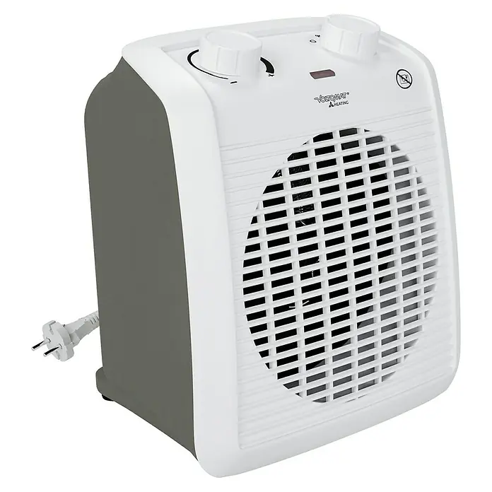 Voltomat HEATING Heizlüfter - 1.000 W - 2.000 W, Weiß/Grau, 19,5 x 14,9 x 23 cm - Ein kompakter, weiß-grauer Heizlüfter mit Drehknöpfen zur Temperatureinstellung, ideal für kleine Räume.