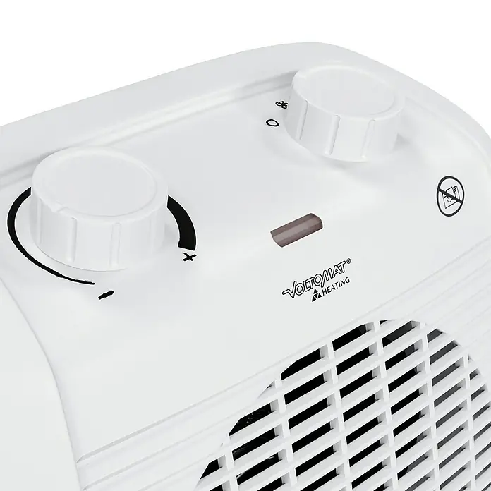 Voltomat HEATING Heizlüfter - 1.000 W - 2.000 W, Weiß/Grau, 19,5 x 14,9 x 23 cm - Nahaufnahme eines weißen Voltomaten-Heizgeräts mit Bedienelementen.