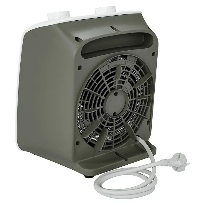 Voltomat HEATING Heizlüfter - 1.000 W - 2.000 W, Weiß/Grau, 19,5 x 14,9 x 23 cm - Das Bild zeigt einen tragbaren grauen Heizlüfter mit einem weißen Kabel. Das Gerät verfügt über ein Schutzgitter und zwei Regler oben.