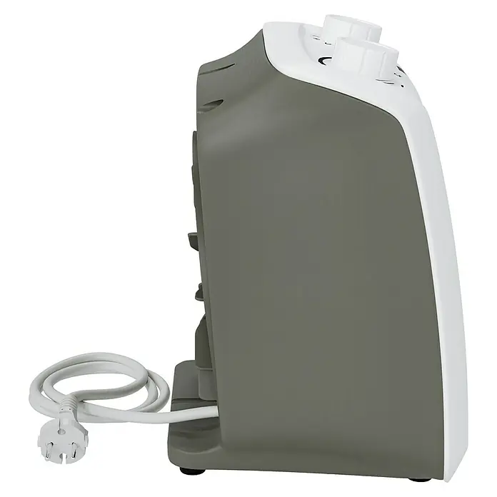 Voltomat HEATING Heizlüfter - 1.000 W - 2.000 W, Weiß/Grau, 19,5 x 14,9 x 23 cm - Nahaufnahme eines grauen und weißen Luftbefeuchters mit zwei Drehknöpfen und einem gewickelten Netzkabel.