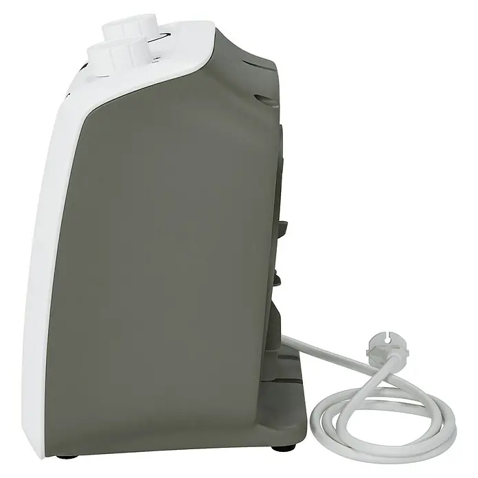 Voltomat HEATING Heizlüfter - 1.000 W - 2.000 W, Weiß/Grau, 19,5 x 14,9 x 23 cm - Ansicht eines tragbaren Heizgeräts, das sich durch sein graues Gehäuse und die Bedienelemente oben auszeichnet.