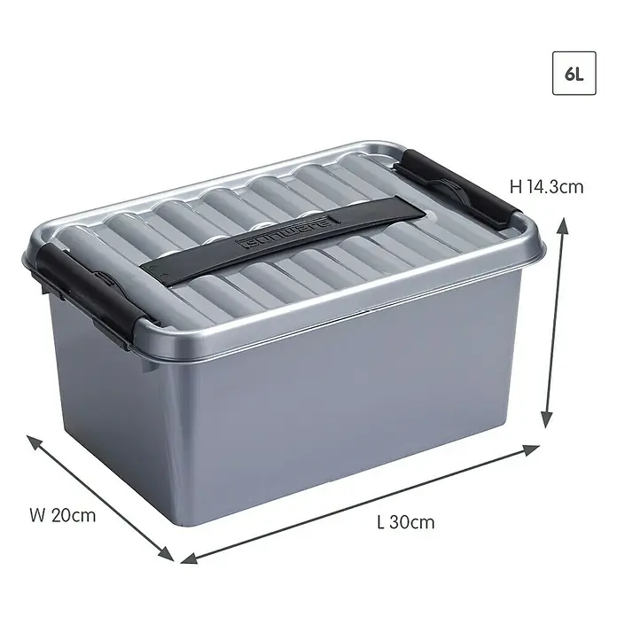 Sunware Aufbewahrungsbox Q-Line - L x B x H: 30 x 20 x 14,3 cm, Kunststoff, Metallfarbig - Bild eines grauen 6L Sunware Aufbewahrungsbehälters mit den Maßen L 30cm, B 20cm und H 14,3cm.