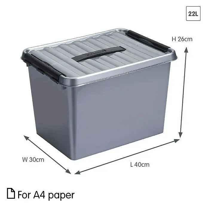 Sunware Aufbewahrungsbox Q-Line - L x B x H: 40 x 30 x 26 cm, Kunststoff, Metallfarbig - Abbildung eines 22-Liter-Aufbewahrungsbehälters aus grauem Kunststoff mit den Maßen 40 x 30 x 26 cm, ideal für A4-Papier.