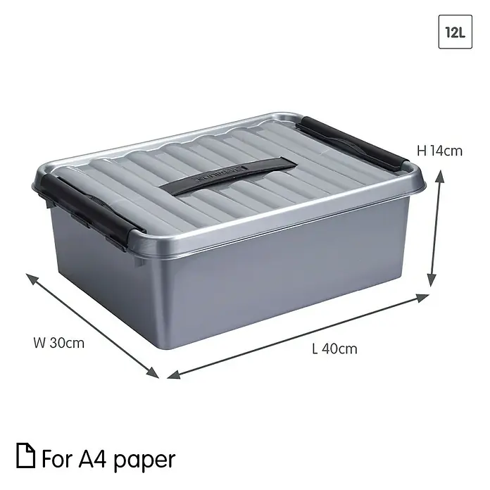 Sunware Aufbewahrungsbox Q-Line - L x B x H: 40 x 30 x 14 cm, Kunststoff, Metallfarbig - Auf dem Bild ist eine graue 12L Aufbewahrungsbox mit den Maßen 40x30x14cm zu sehen. Geeignet für A4 Papier und andere Gegenstände.