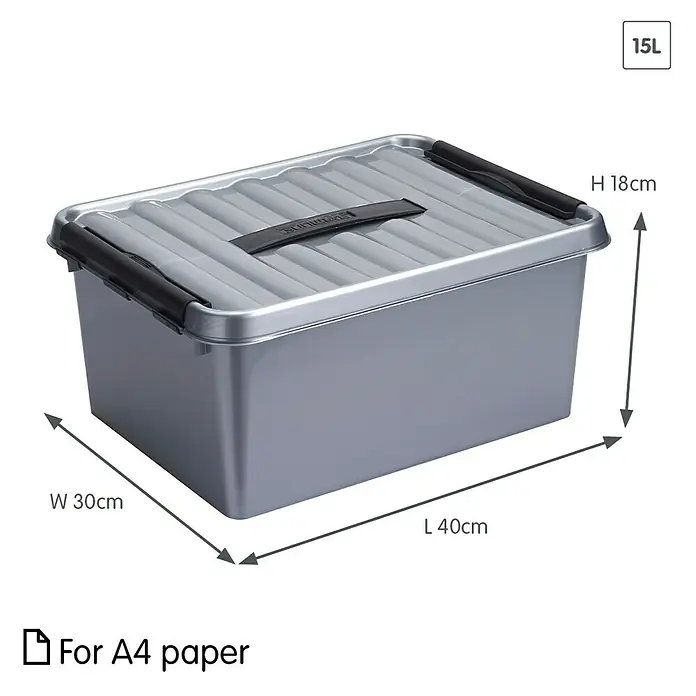 Sunware Aufbewahrungsbox Q-Line - L x B x H: 40 x 30 x 18 cm, Kunststoff, Metallfarbig - Bild einer 15L-Aufbewahrungsbox aus Kunststoff mit den Maßen 40 x 30 x 18 cm, geeignet für A4-Papier.