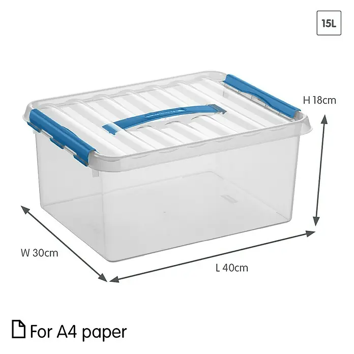 Sunware Aufbewahrungsbox Q-Line - L x B x H: 40 x 30 x 18 cm, Kunststoff, Transparent, Farbe Griff: Blau - Klare 15L Aufbewahrungsbox mit blauem Deckel und Griffen, ideal für die Organisation von A4-Papier und anderen Gegenständen, mit den Maßen 40x30x18 cm.