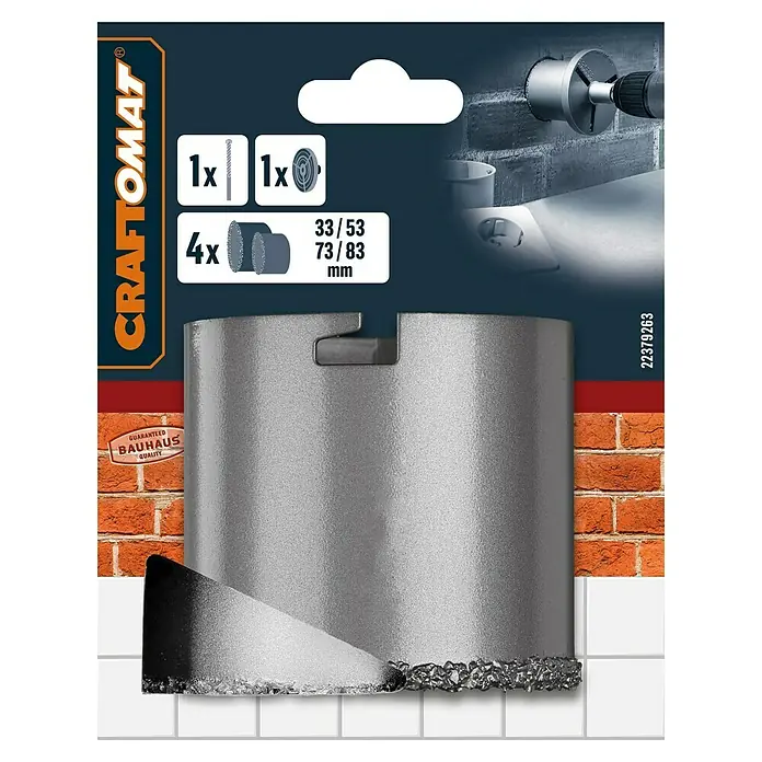 Craftomat Lochsäge - 6 -tlg., Durchmesser Bohrer: 83 mm - Produktbild einer Craftomat-Diamantbohrkrone, ideal zum Bohren von Löchern in harte Materialien wie Fliesen oder Stein.