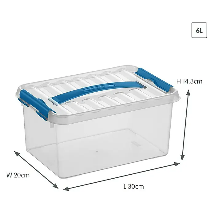 Sunware Aufbewahrungsbox Q-Line - L x B x H: 30 x 20 x 14,3 cm, Kunststoff, Transparent, Farbe Griff: Blau - Transparente 6L Aufbewahrungsbox mit blauem Griff und den Maßen: Höhe 14,3 cm, Breite 20 cm, Länge 30 cm.