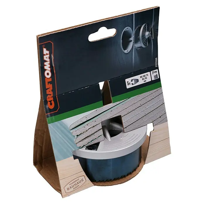 Craftomat Mehrkranzlochsäge - 60 mm - 92 mm, Stahl, Schnitttiefe: Max. 32 mm - Ein Craftomat Dosenbohrer-Set, ideal für präzise Löcher in Trockenbauwänden. Das Set enthält 5 Bohrkronen in verschiedenen Größen.