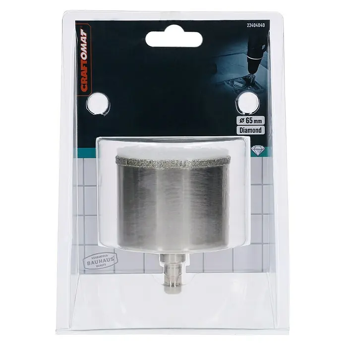 Craftomat Diamant-Lochsäge Keramik - 65 mm, Schnitttiefe: Max. 35 mm - Ein 65 mm Craftomat Diamant-Lochsäge-Bohrer in durchsichtiger Verpackung, ideal zum präzisen Bohren von Löchern.